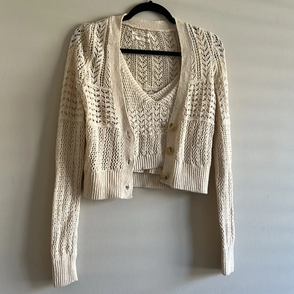 Anthropologie cream/tan XS cropped cardigan button up sweater with matching tank - Picture 3 of 4